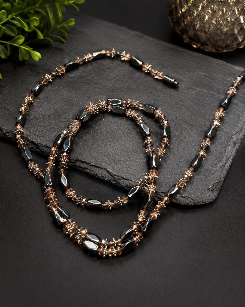 Magnetic Convertible Necklace & Bracelet Black Magnetic Glass Crystal Silvertone